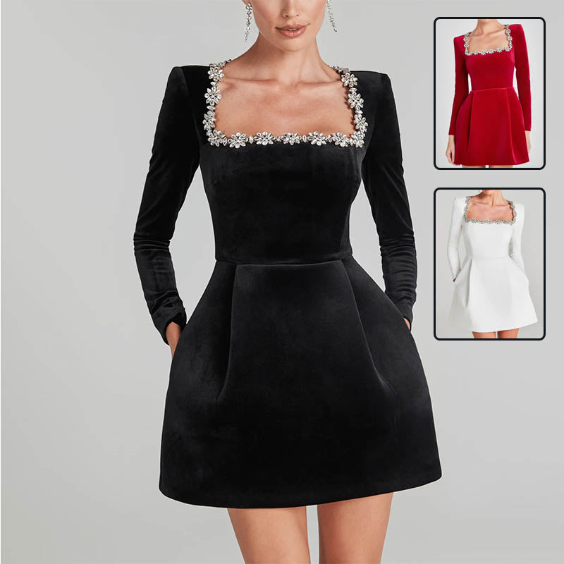 Elegant Square Neck Rhinestone Dress – Long Sleeve A-Line Mini