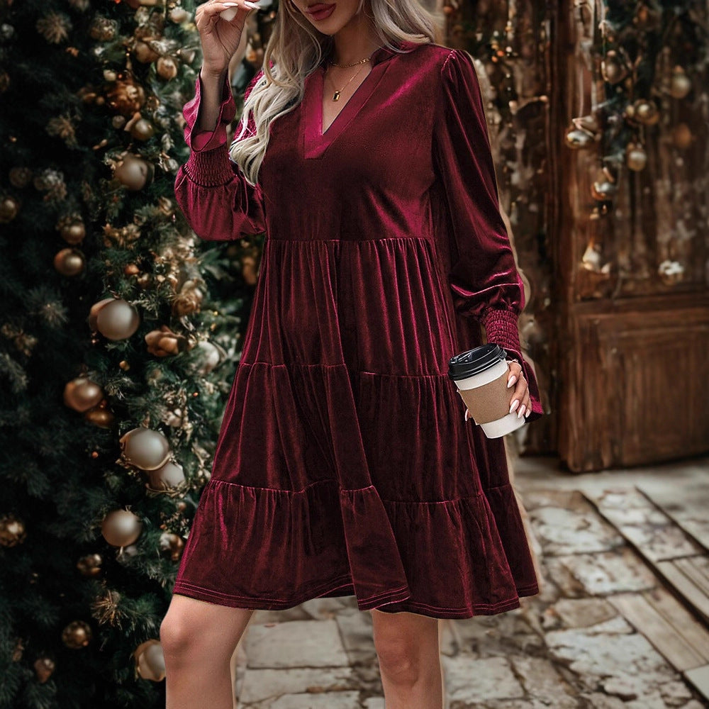 Christmas Velvet Cake Dress – Long Sleeve V-Neck Mini for Women