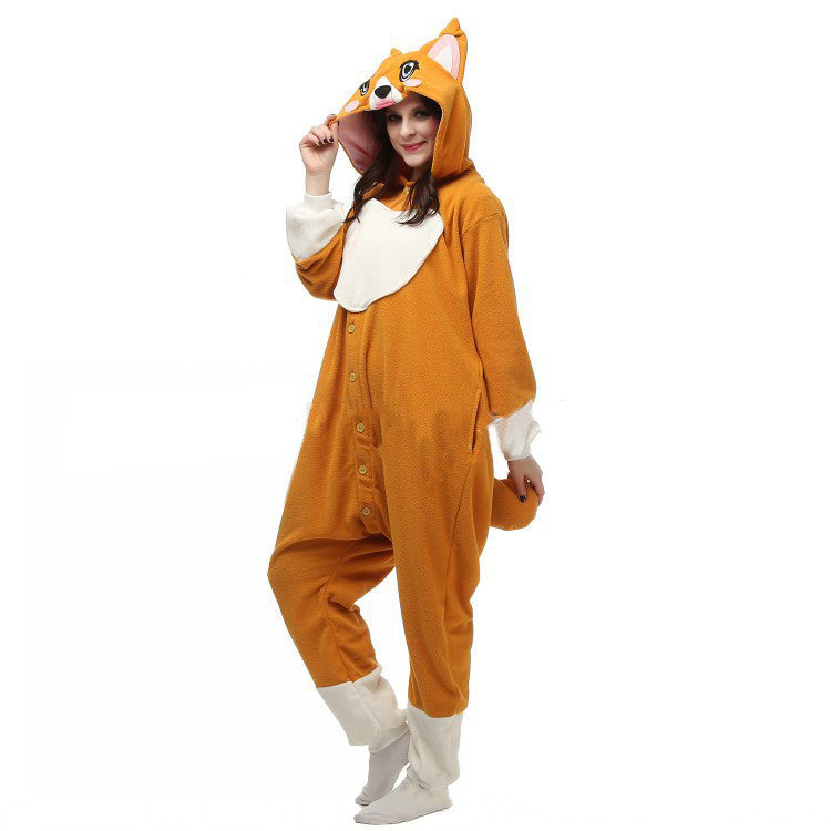 Big-Eyed Corgi One-Piece Pajamas – Cute Cartoon Sleepwear