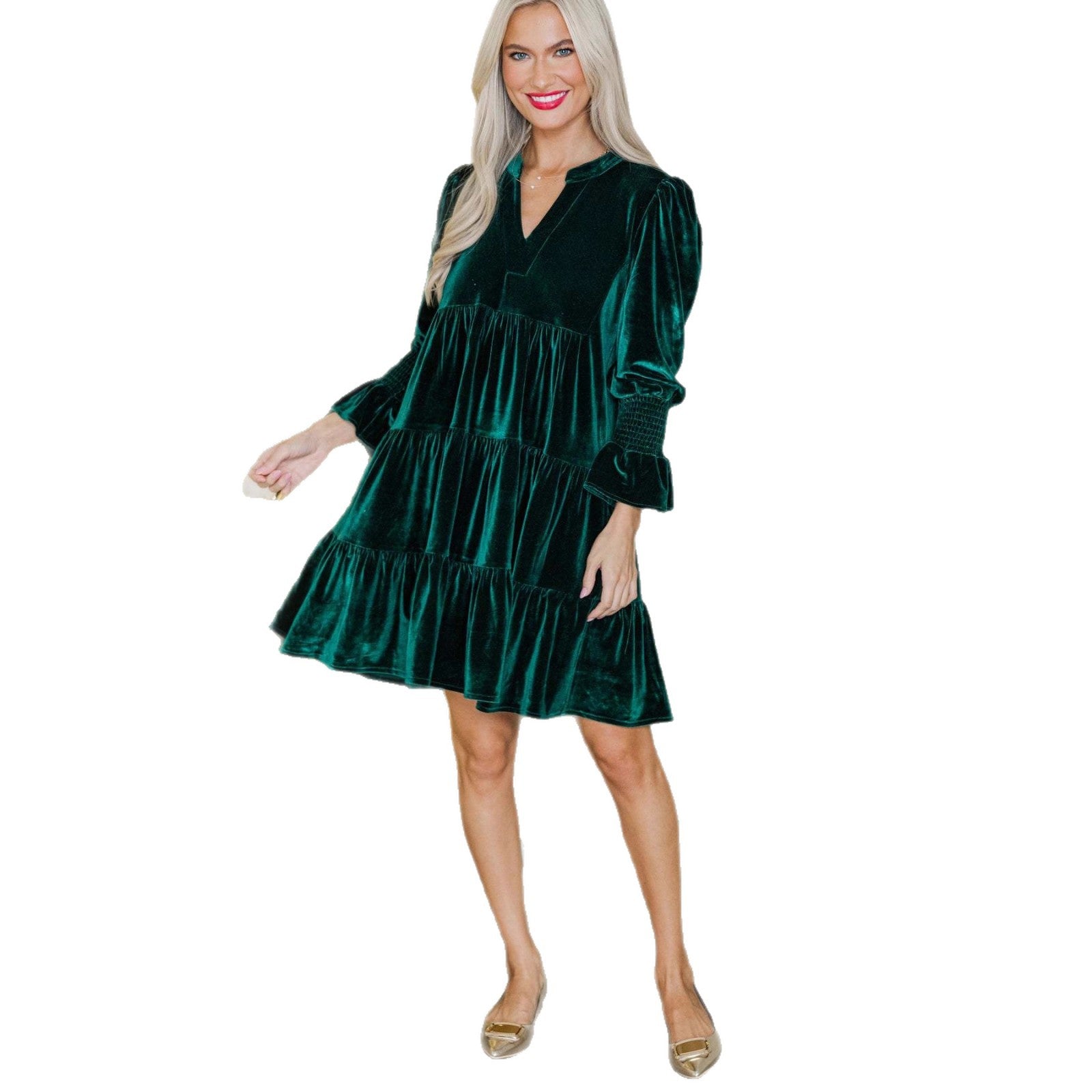 Christmas Velvet Cake Dress – Long Sleeve V-Neck Mini for Women