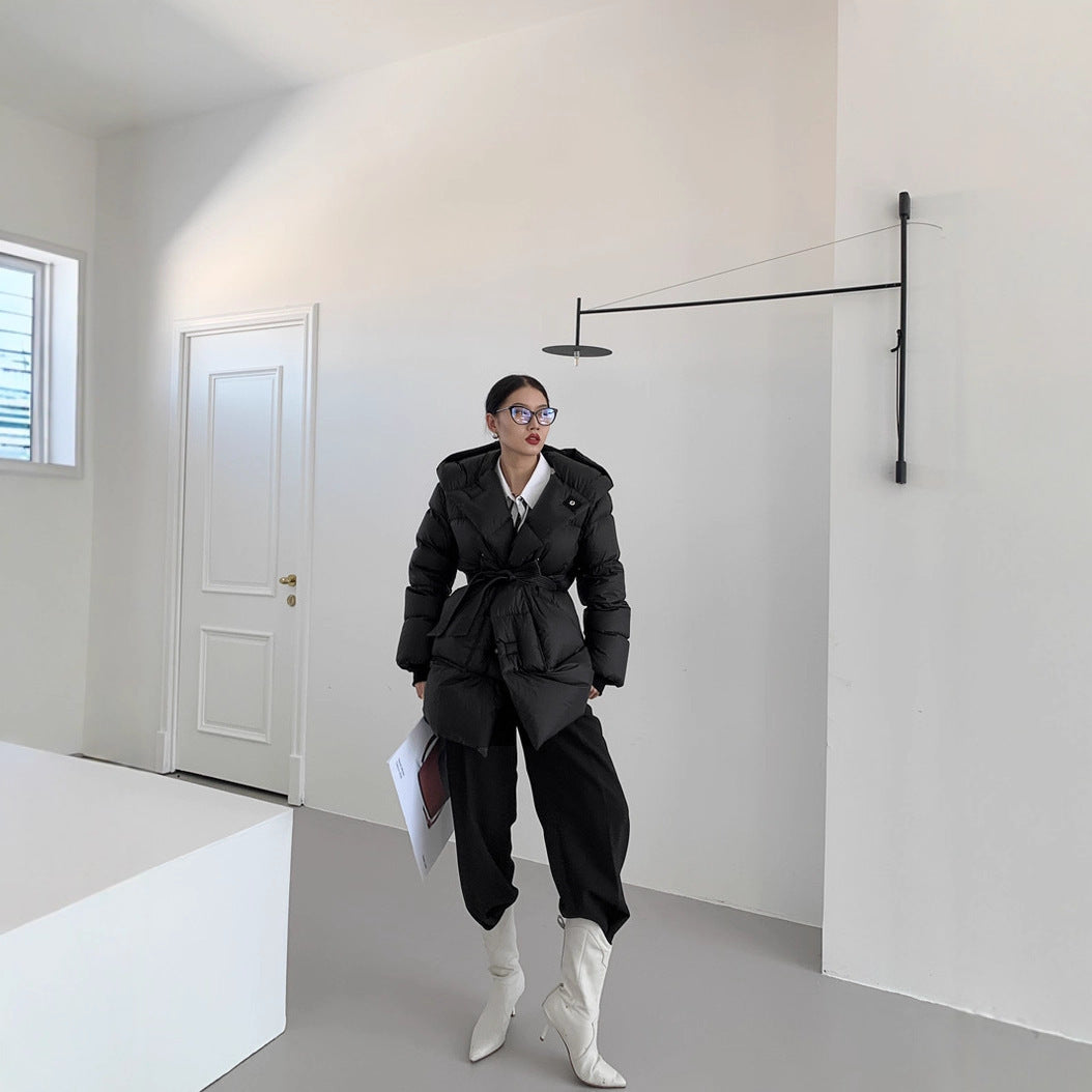 White Duck Down Coat Women's Mid-length Fashionable Tie-waist Thickened Puffer Jacket