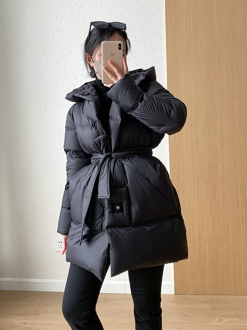 White Duck Down Coat Women's Mid-length Fashionable Tie-waist Thickened Puffer Jacket