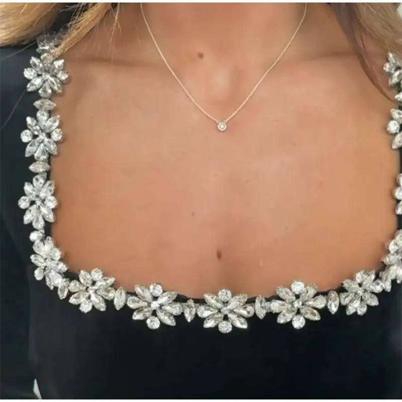 Elegant Square Neck Rhinestone Dress – Long Sleeve A-Line Mini