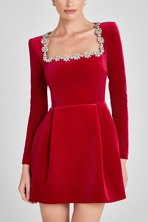Elegant Square Neck Rhinestone Dress – Long Sleeve A-Line Mini