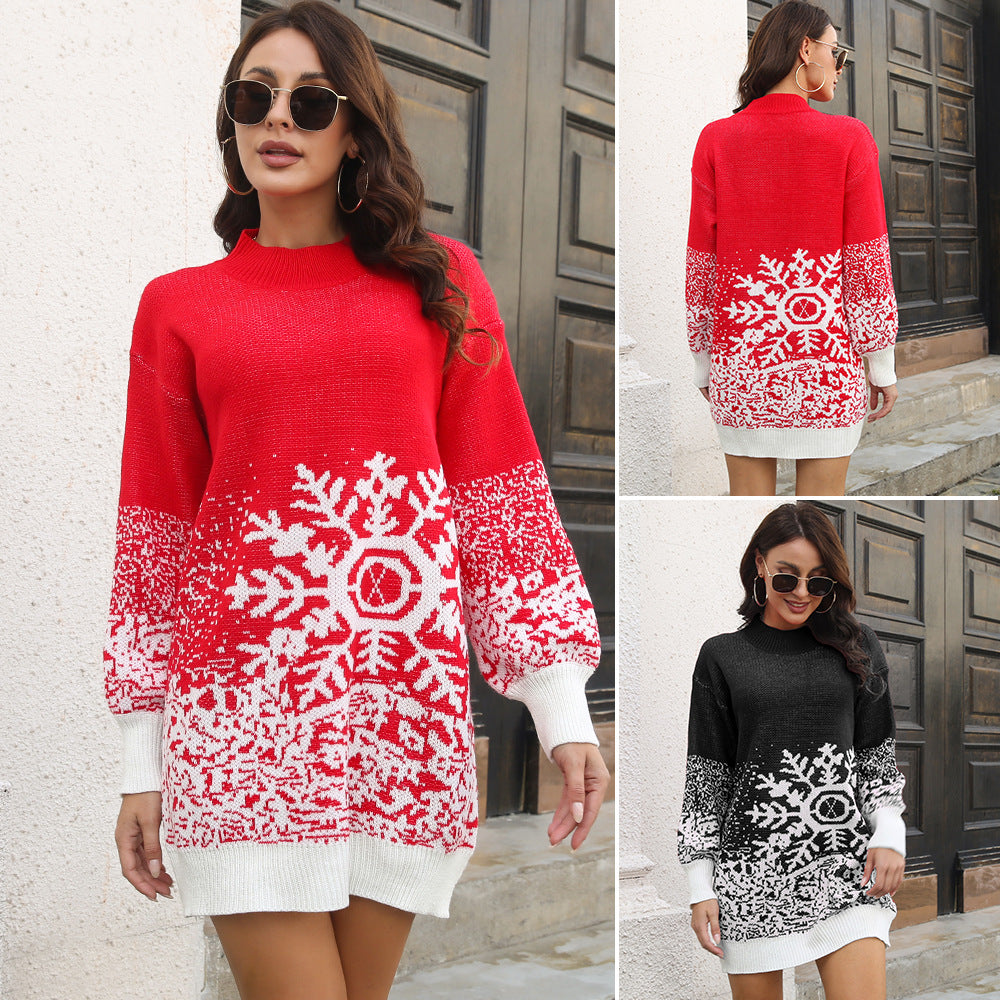 Christmas Snowflake Sweater Dress – Loose Knitted Winter Pullover